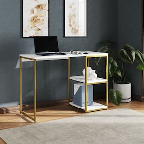 Mesa Escritório Berlim Industrial com Prateleira Ferro Dourado Tampo 110x46 Branco