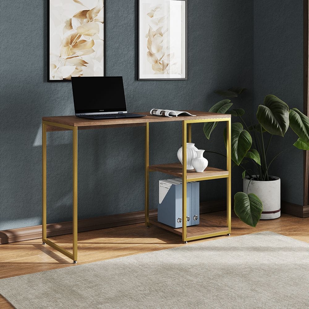 Mesa Escritório Berlim Industrial com Prateleira Ferro Dourado Tampo 110x46 Amêndoa
