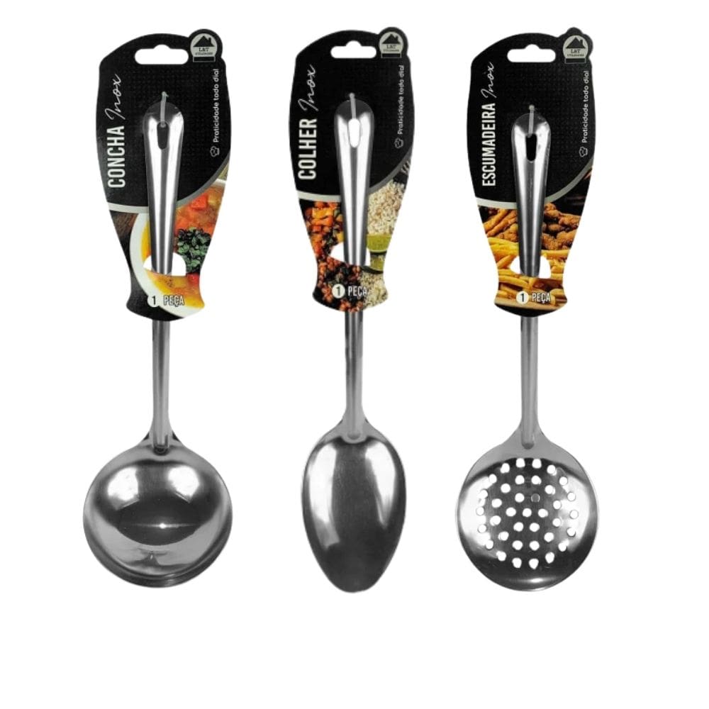 KIT Talheres Inox Premium 32 cm GRANDE Forte e Resistente Concha Colher Escumadeira Fritura Arroz Feijão - PANAMI