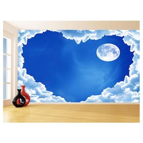 Papel De Parede 3D Céu Azul Nuvens Lua Coração 3,5M Nsk125