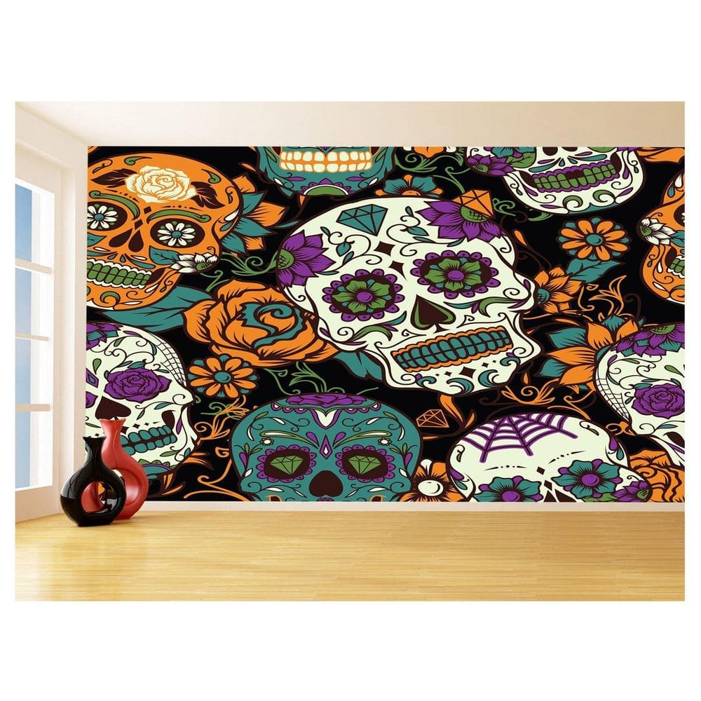 Papel De Parede 3D Arte Caveiras Mexicanas Flor 3,5M Tra133