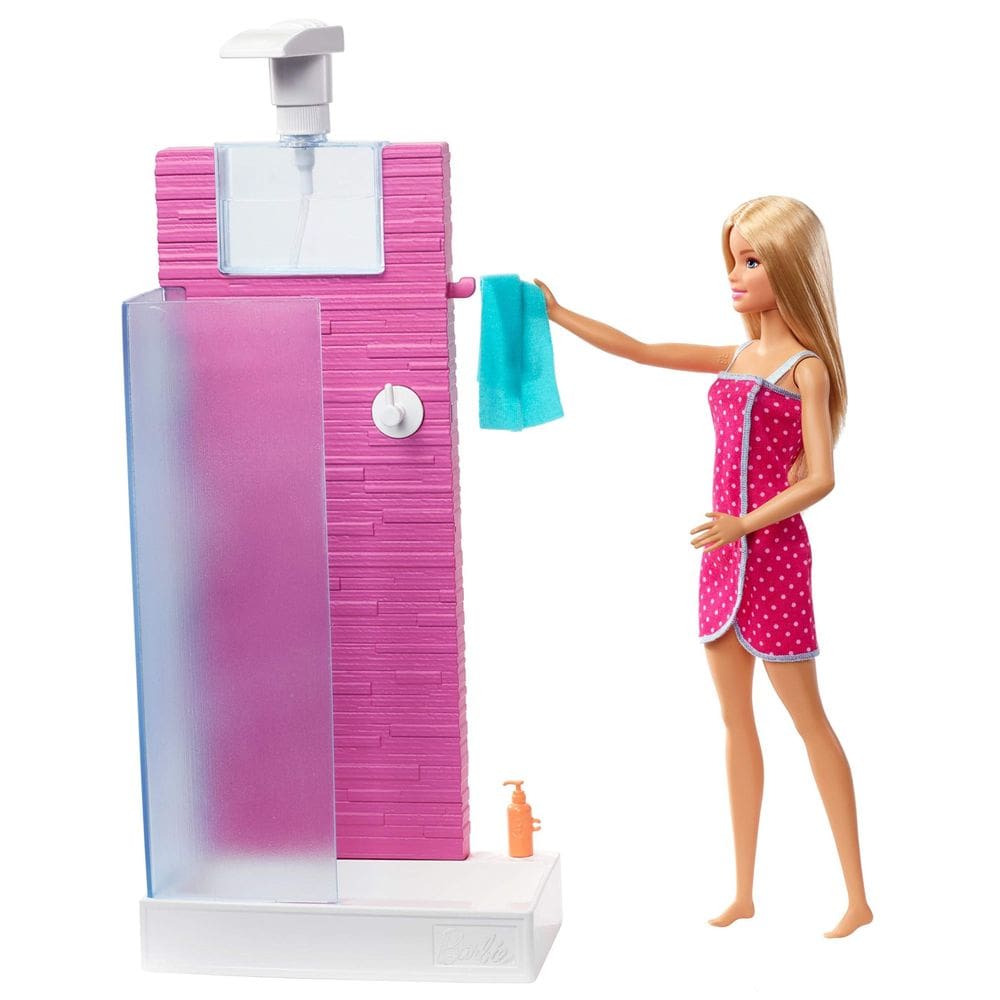 Conjunto de bonecas e móveis Barbie Bathroom com chuveiro de trabalho