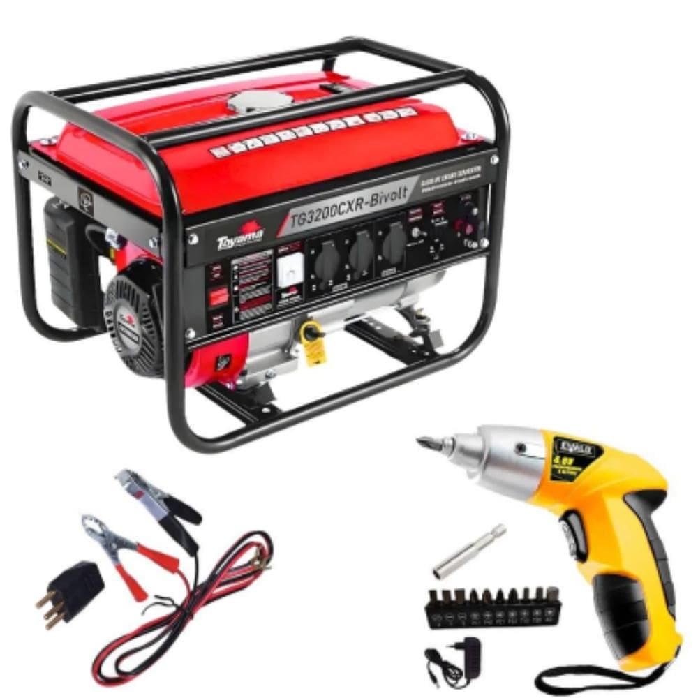 Gerador de Energia à Gasolina 3,1 Kva Bivolt Partida Manual TG3200CXR TOYAMA com Parafusadeira 4,8V Torque 3Nm EVALD