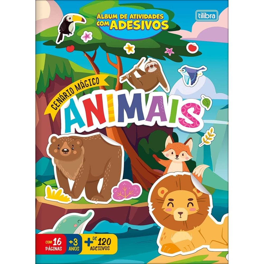 Livro Álbum Cartilha de Atividades c/ Adesivos Cena Animais Montar Divertido Criativo 16 Folhas Tilibra