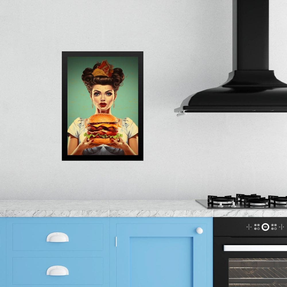 Quadro Cozinha Retro Hamburger - Pin Up 45X34Cm - Com Vidro