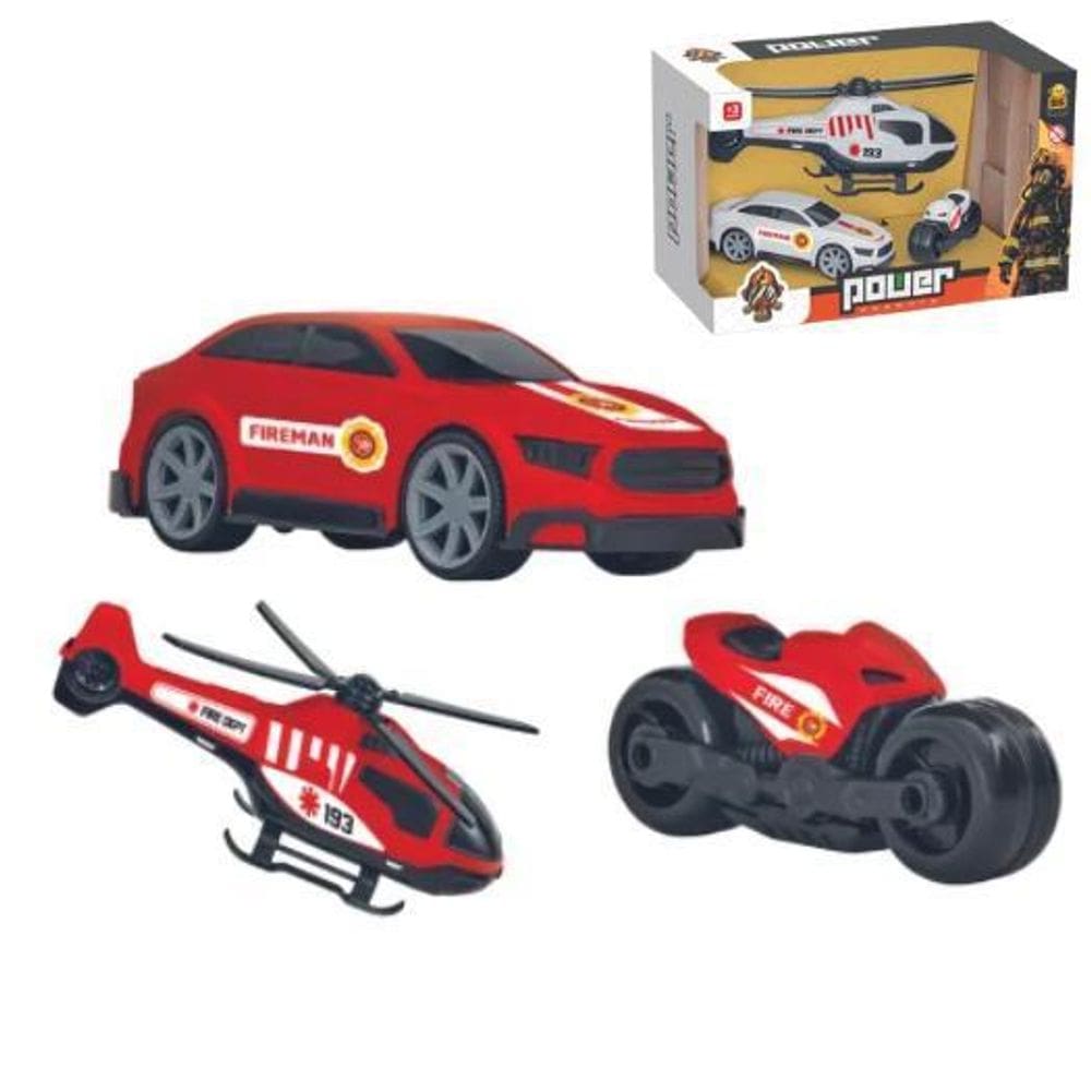 Kit Carrinho Carro Moto Helícoptero De Resgate Brinquedo