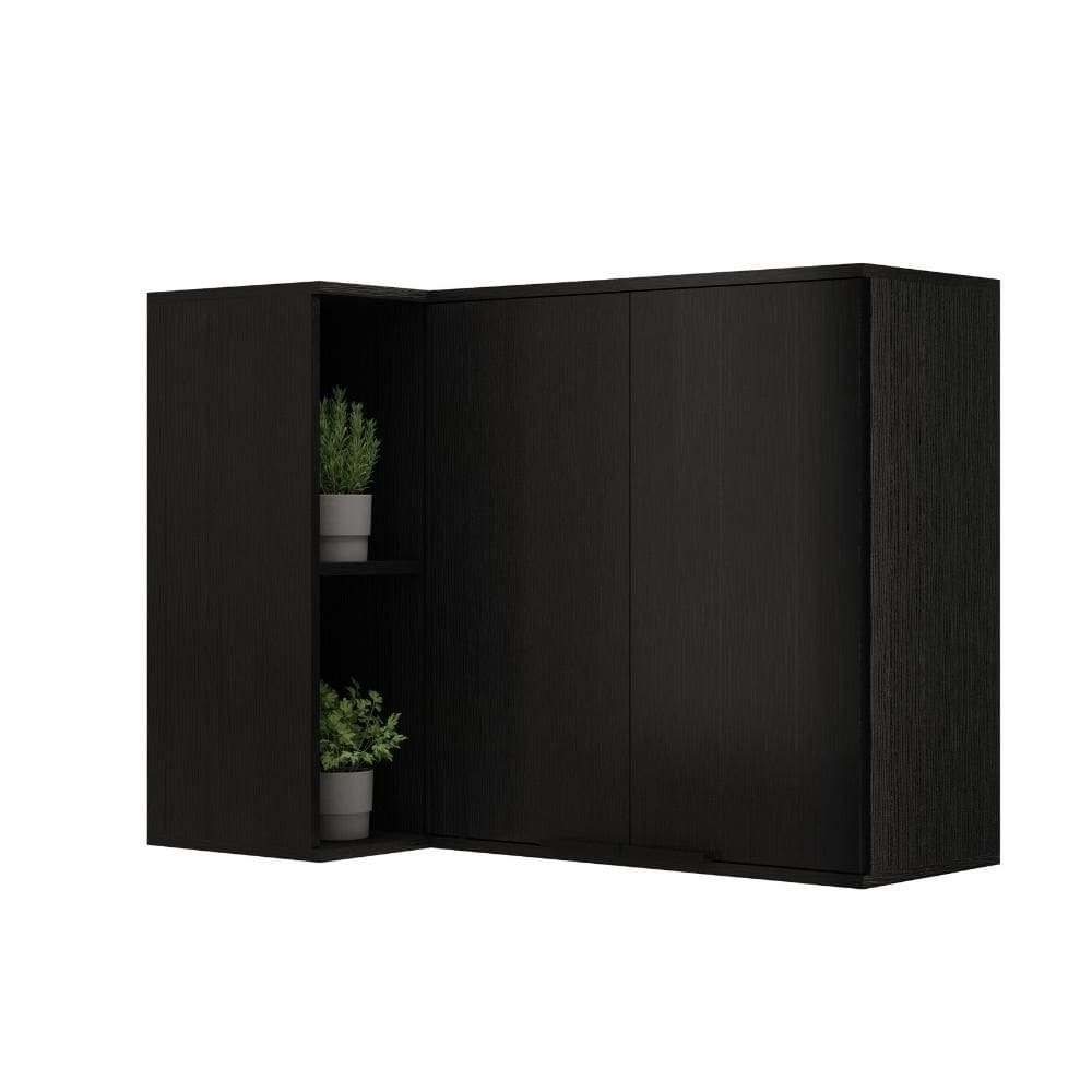 Armário Aéreo de Cozinha Miami 2 Portas com Nicho de Canto Carraro Preto Touch
