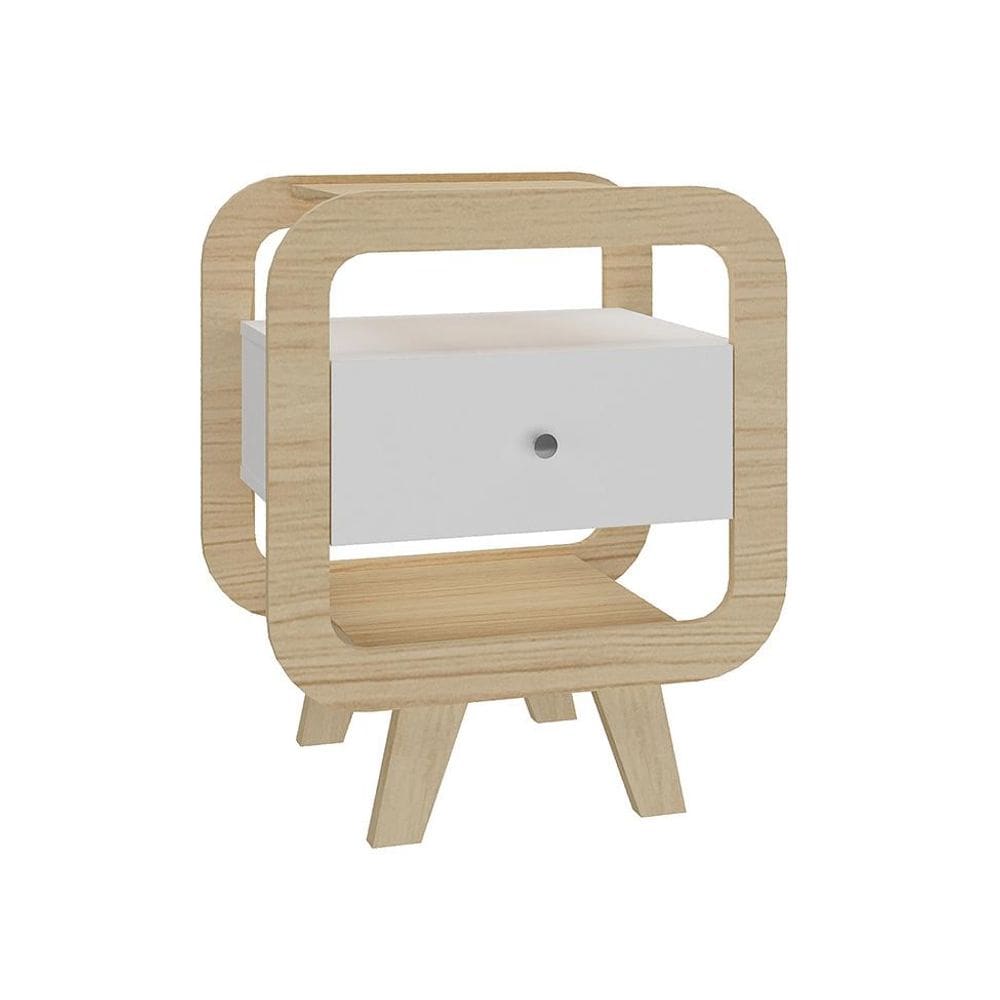 Mesa de Cabeceira Theo com USB 1 Gaveta Branco e Naturale