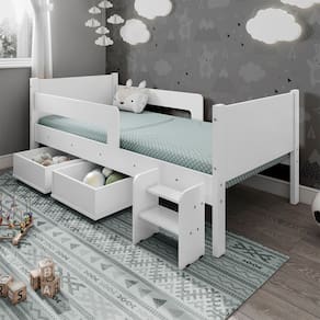 Cama Solteiro com 2 Baus Organizador e Escada Luna Plus Branco com Colchão