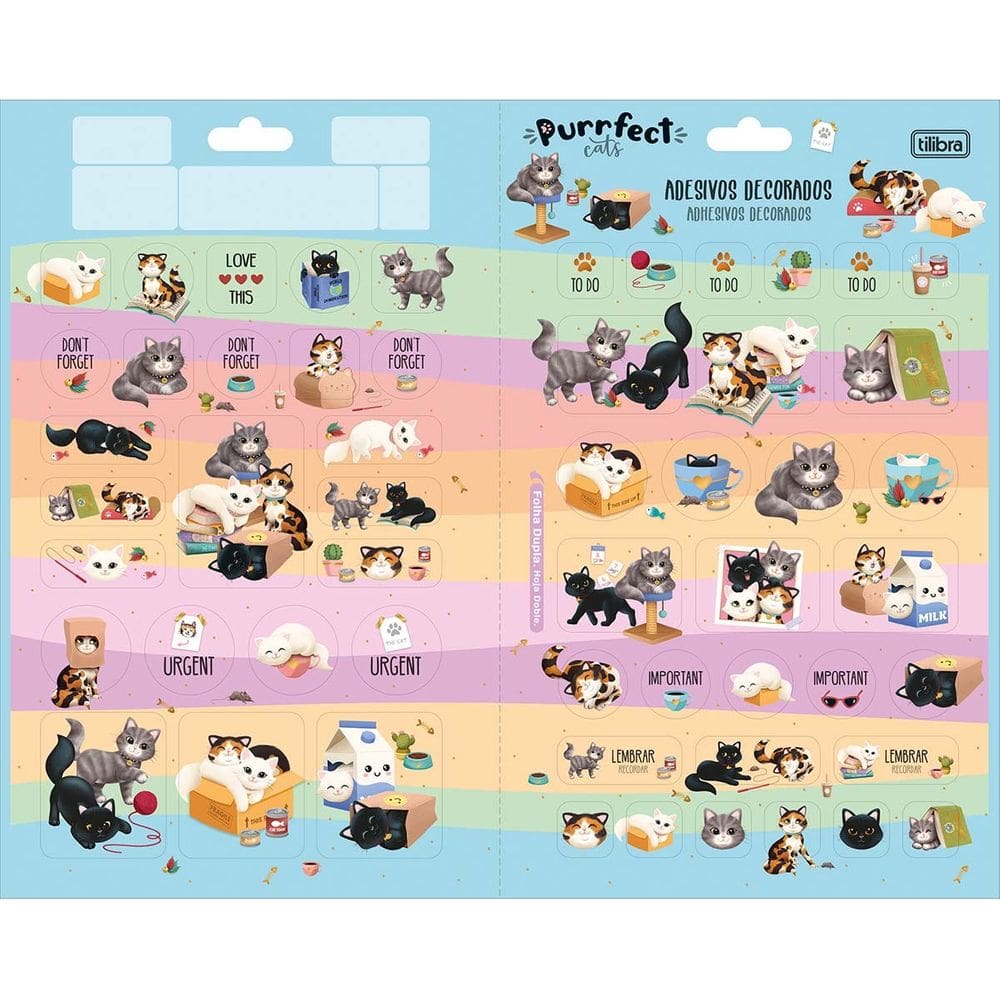 Adesivo Duplo Decorado Gatinhos Purrfect Cats Fofo Infantil Kawaii 1 Unidade Tilibra