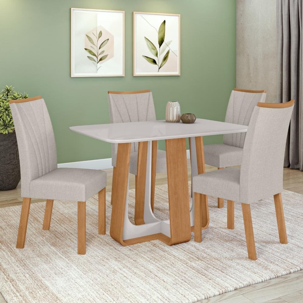 Conjunto Sala de Jantar Mesa Easy Pop 120x80cm Tampo Vidro/MDF com 4 Cadeiras Confort Linho Mosaico Cinza Amendoa Clean/off White