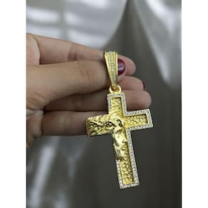 Pingente Cruz Rosto Jesus Cristo Cravejada G Banhado Ouro