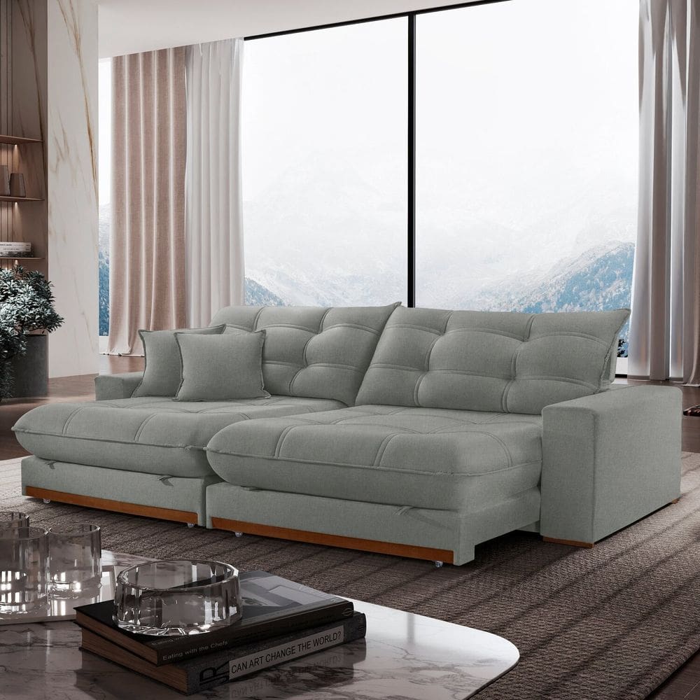 Sofá Retrátil 4 Lugares 290cm Linho Belize Cinza