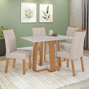 Conjunto Sala de Jantar Mesa Easy Pop 120x80cm Tampo Vidro/MDF com 4 Cadeiras Confort Boucle Bege Amendoa Clean/off White