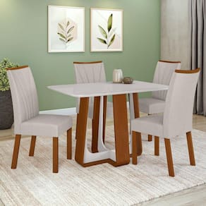 Conjunto Sala de Jantar Mesa Easy Pop 120x80cm Tampo Vidro/MDF com 4 Cadeiras Confort Linho Mosaico Cinza Frassino/off White