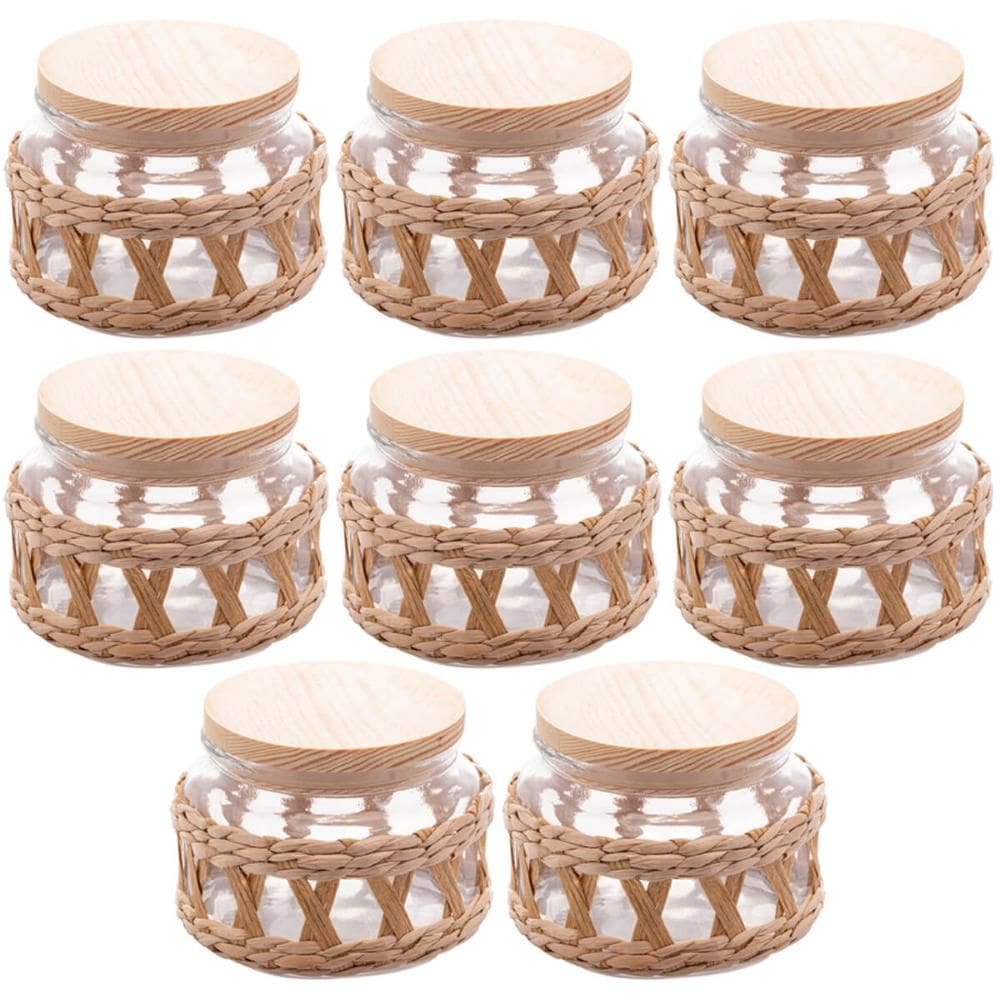 Conjunto 8 Potes Herméticos 350ml Vidro Sisal Tampa Madeira Porta Mantimentos