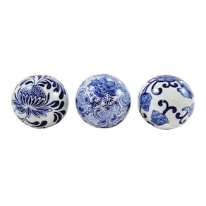 Kit 3 Bola Decorativa Porcelana Azul E Branco Floral 10Cm
