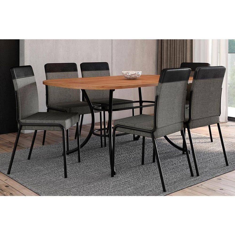 Conjunto: Mesa Sala Jantar 1547 Aço c/ Tampo Madeirado 160cm e 6 Cadeiras Duo Freijo/Preto - Preto/Grafite - Preto - Carraro