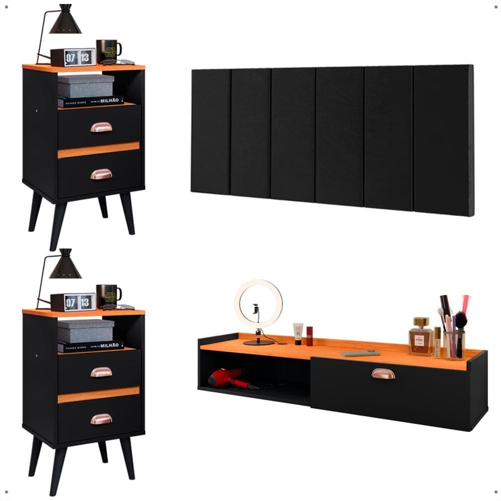 Kit Quarto 2 Mesinhas Mesa Lateral Cama Penteadeira Suspensa Camarim Preto/Cinamomo Cabeceira King Size 1,95 Estofada Suede - Lojas RPM