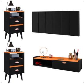 Kit Quarto 2 Mesinhas Mesa Lateral Cama Penteadeira Suspensa Camarim Preto/Cinamomo Cabeceira King Size 1,95 Estofada Suede - Lojas RPM