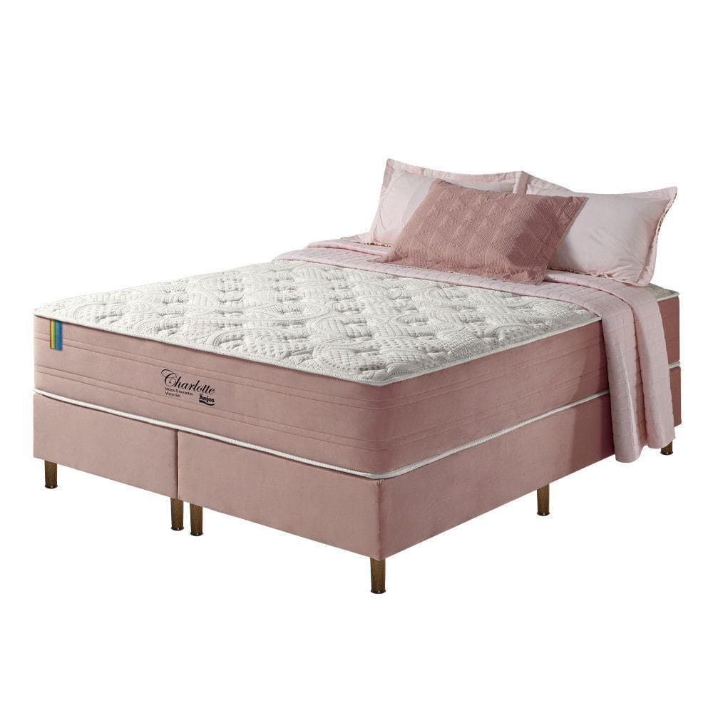 Cama Box King + Colchão Mola Ensacada Visco Gel Charlotte Rosa