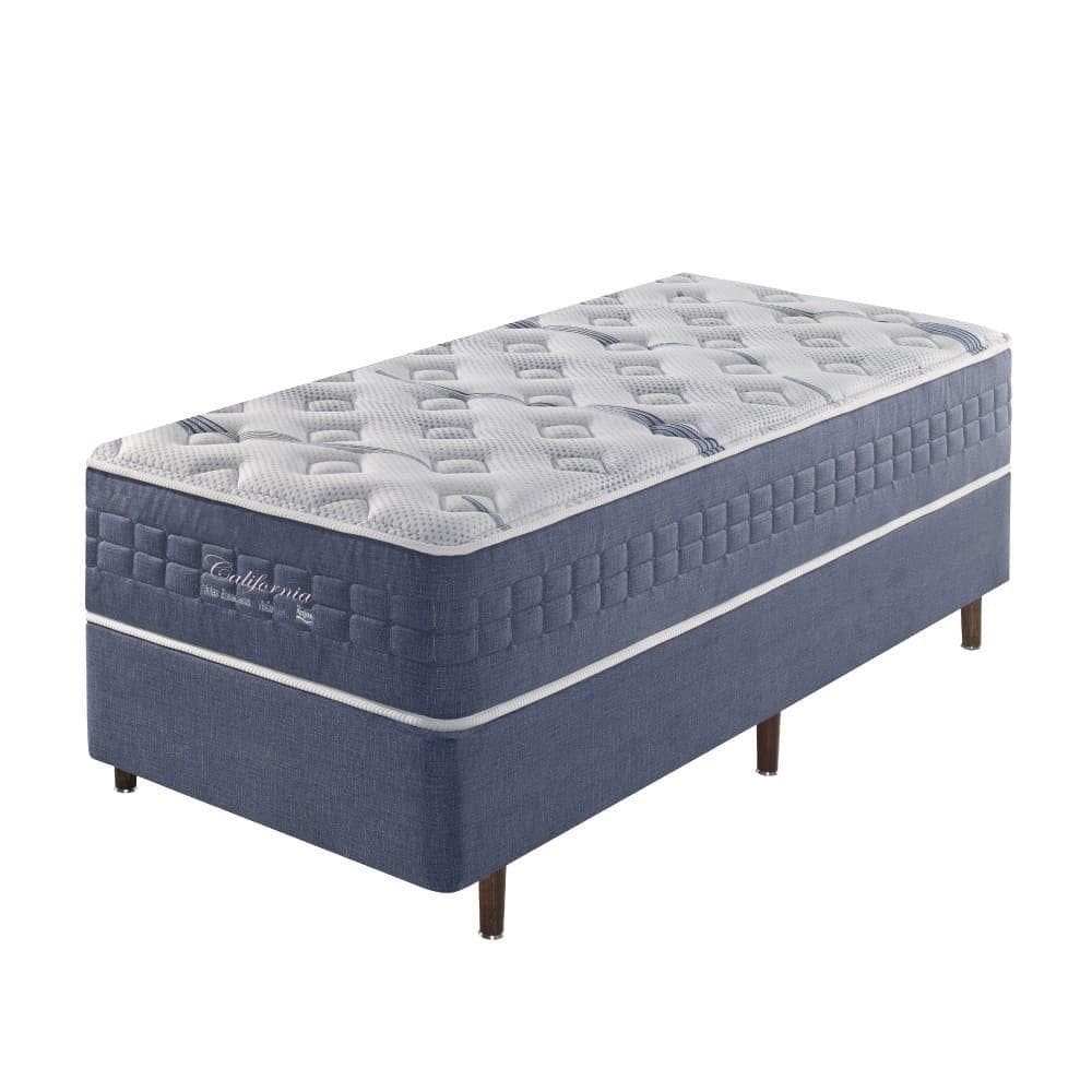 Cama Box Solteiro King + Colchão Molas Ensacadas California Linho Azul