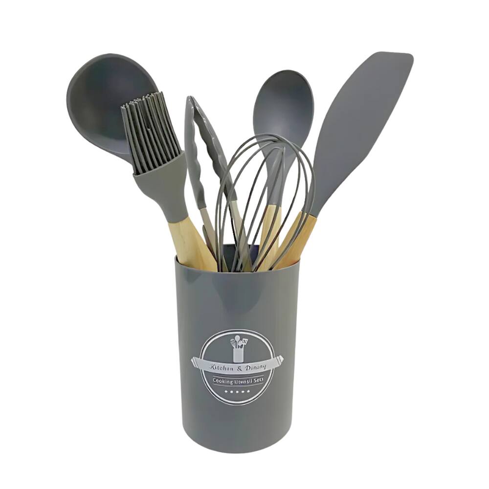 Conjunto De Utensílios Para Cozinha Em Silicone Com Cabo De Madeira 7 Peças Lehaví Cinza