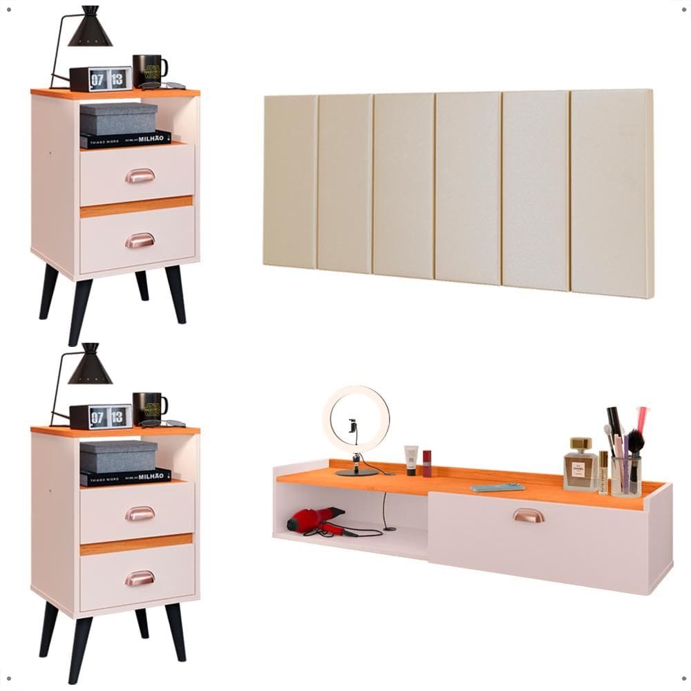 Kit Quarto 2 Mesinhas Mesa Lateral Cama Penteadeira Suspensa Camarim Off White/Cinamomo Cabeceira King Size 1,95 Estofada Areia Suede - Lojas RPM