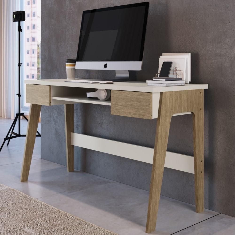 Mesa Para Computador Escrivaninha Escritório Home Office Quarto Nicho 2 Gavetas MDF Branco Marrom