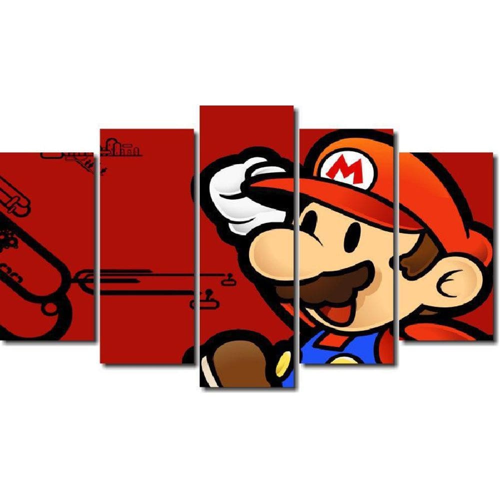 Quadro Decorativo Jogo Super Mario Fundo Vermelho 5 Peças