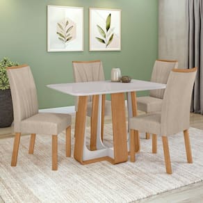 Conjunto Sala de Jantar Mesa Easy Pop 120x80cm Tampo Vidro/MDF com 4 Cadeiras Confort Linho Rinzai Bege Amendoa Clean/off White