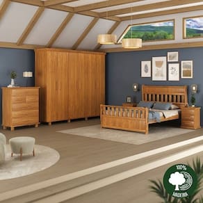 Conjunto Cama Nathalia, 2 Mesas de Cabeceiras Nathalia, Cômoda e Guarda-Roupa 6 Portas Ibiza Mogno Mel