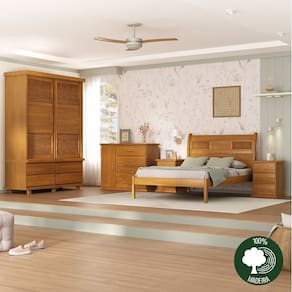 Conjunto Cama Veneziana, 2 Mesas de Cabeceiras Dubai, Cômoda Sapateira e Guarda-Roupa Veneziana Mogno Mel