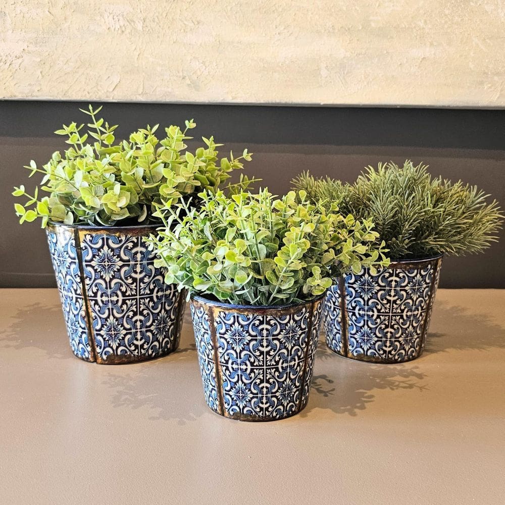 Kit 3 Vasos Cerâmica Mosaico Português Com Planta Artificial