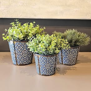 Kit 3 Vasos Cerâmica Mosaico Português Com Planta Artificial