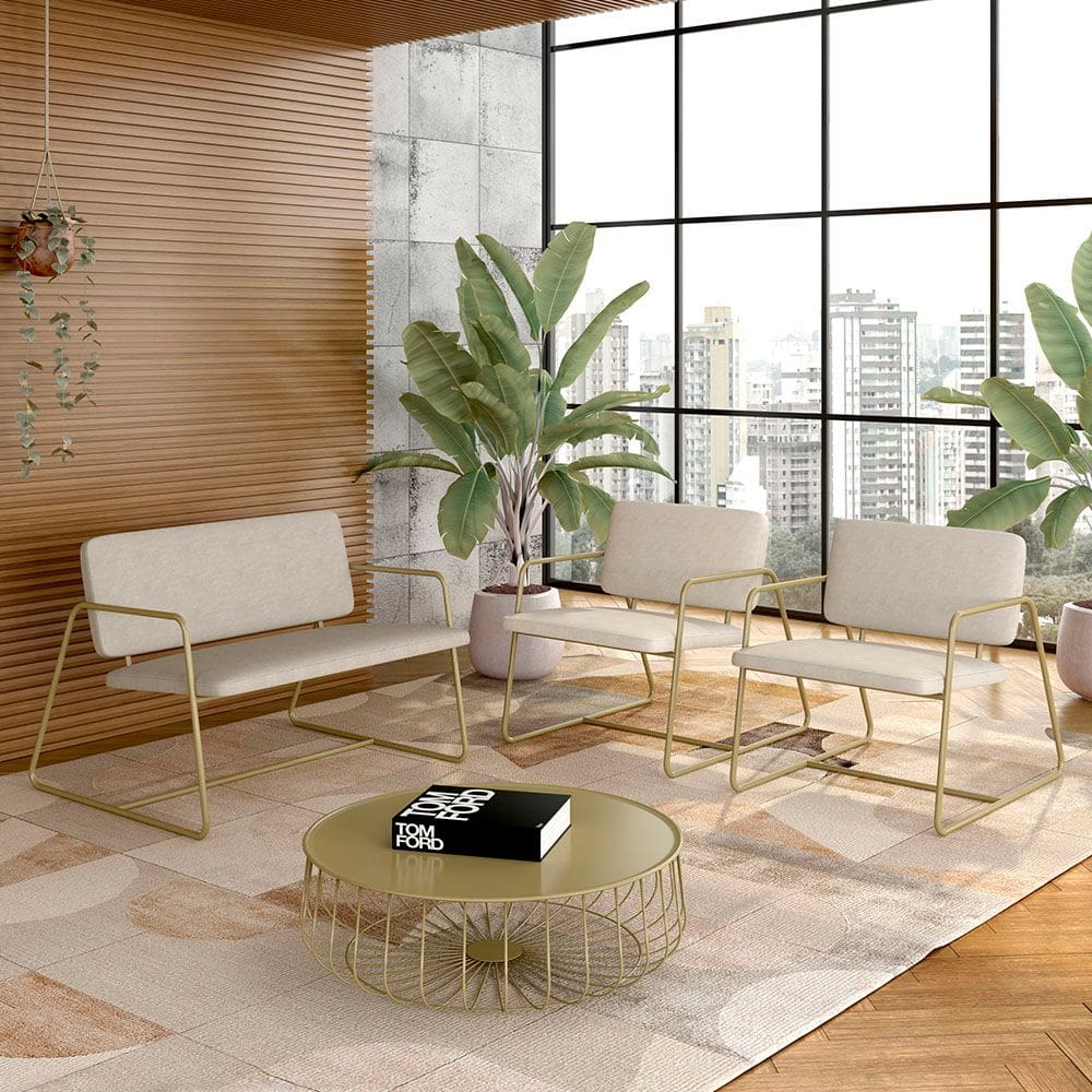 Conjunto Namoradeira E Poltronas Sintra Industrial Dourado/bege- M.a