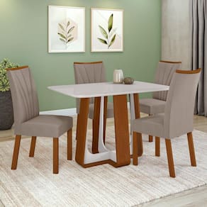 Conjunto Sala de Jantar Mesa Easy Pop 120x80cm Tampo Vidro/MDF com 4 Cadeiras Confort Suede Animale Bege Frassino/off White