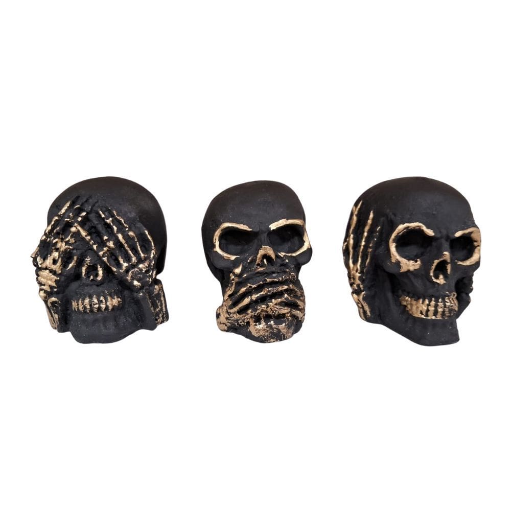 Kit Caveiras Cega/Surda/Muda Preto Com Dourado Skull Kit-08
