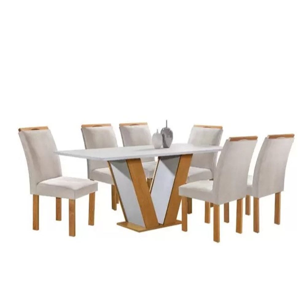 Conjunto Mesa de Jantar Qatar 160x80 Tampo de Vidro Londres Plus com 6 Cadeiras Cinamomo Off - Cel Móveis - TEC 169