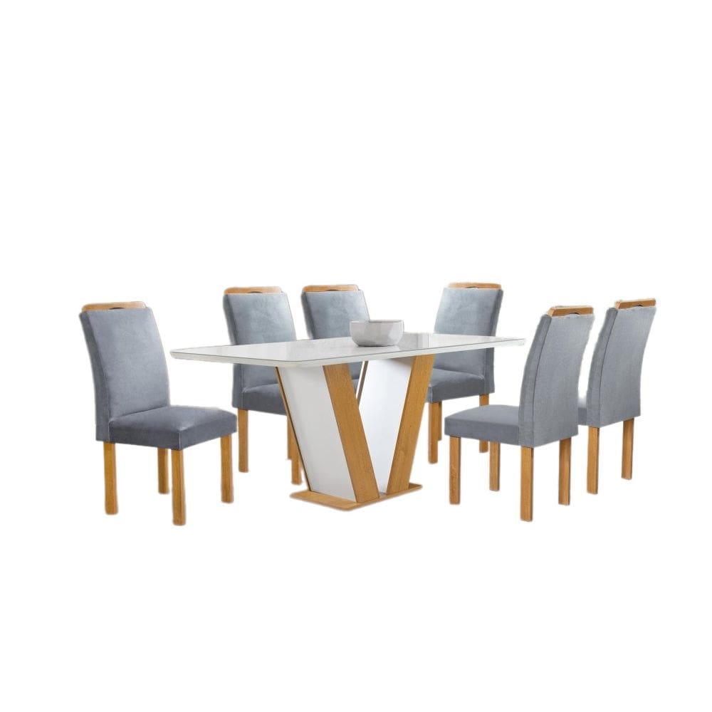 Conjunto Mesa de Jantar Qatar 160x80 Tampo de Vidro Londres Plus com 6 Cadeiras Cinamomo Off - Cel Móveis - TEC 171