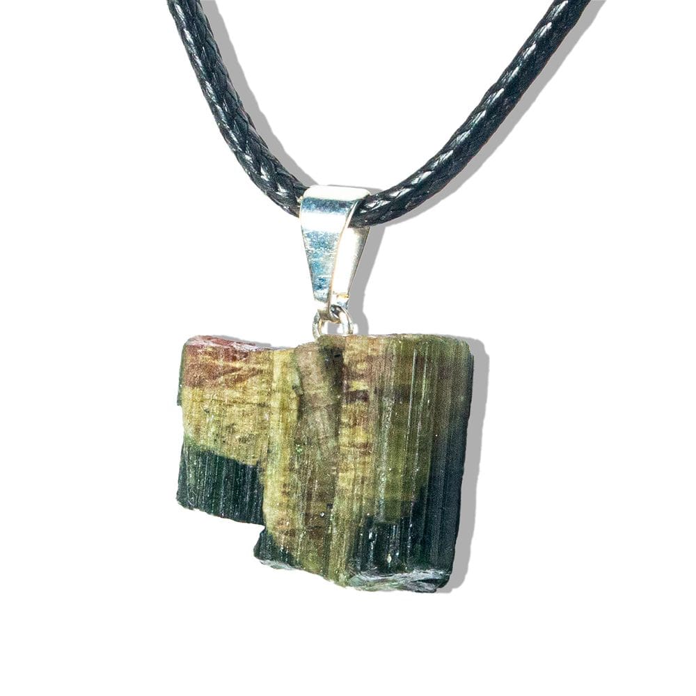Colar Canudo Turmalina Melancia Bruto Natural Pino Prateado