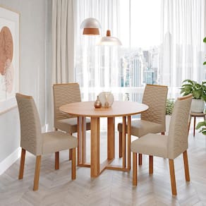 Conjunto de Mesa Redonda com Tampo de MDF Cinamomo Flora e 4 Cadeiras Clarice Linho Bege e Madeira