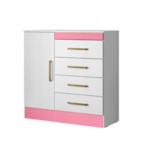 Cômoda Montevidéu Flex 1 Porta 4 Gavetas Branca e Rosa