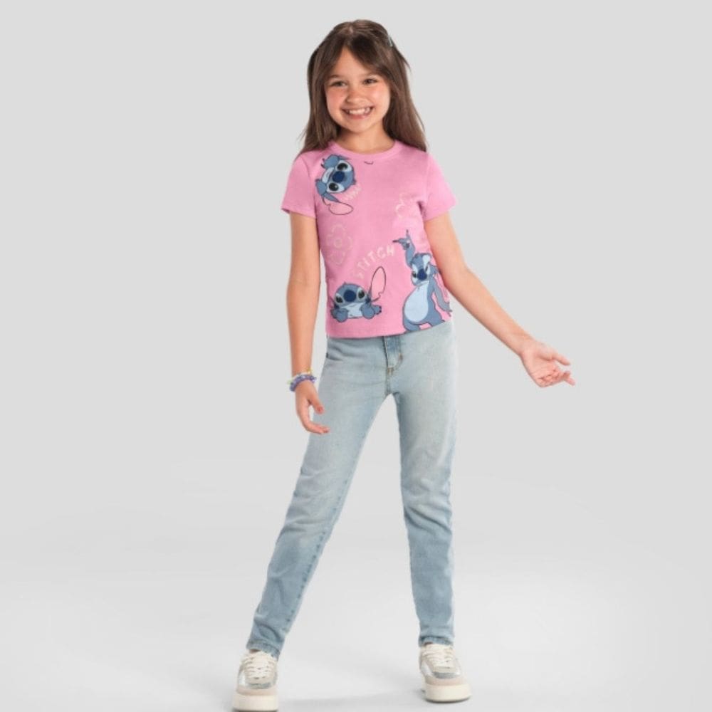 Blusa Meia Malha Infantil Menina Stitch Rosa - Brandili