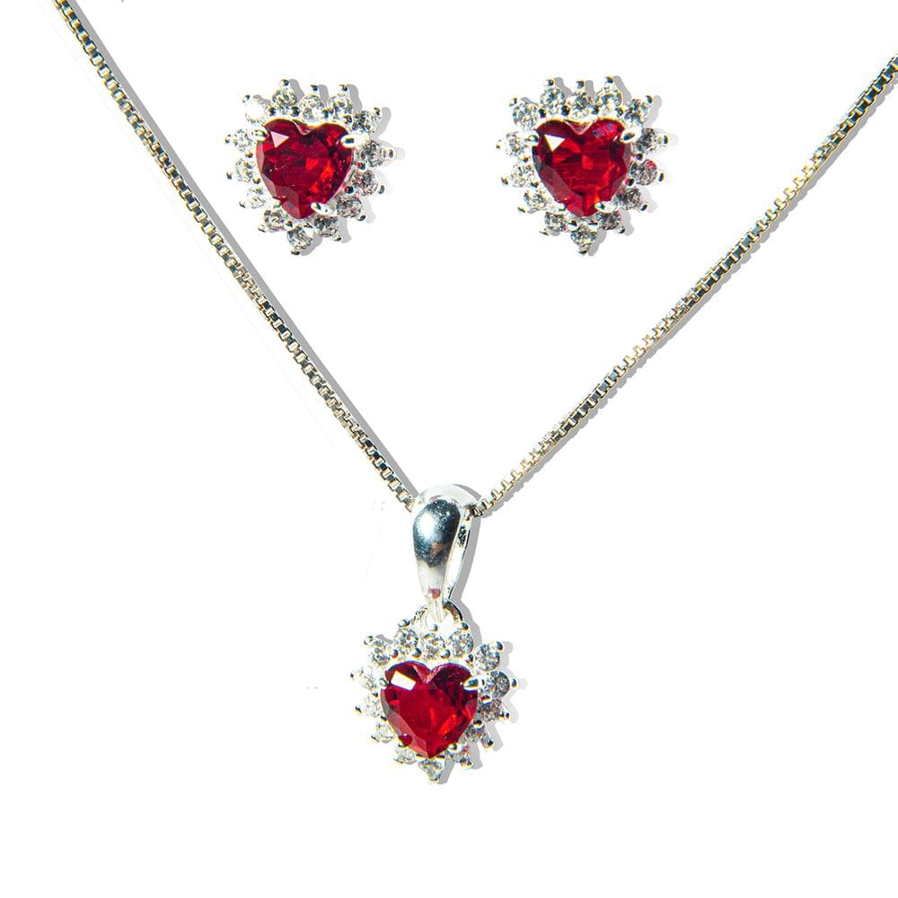 Conjunto Colar e Brinco Coração Rubi Zircônia Prata 925