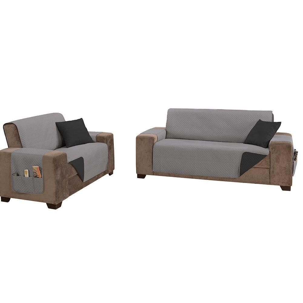 Protetor De Sofá Impermeável Dupla Face Padrão 2 E 3 Lugares Microfibra - Preto/cinza