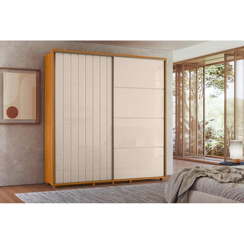 Guarda-roupa Monet 100% MDF ripado 2 portas de correr 4 gavetas - Cinamomo Off White - Madetec