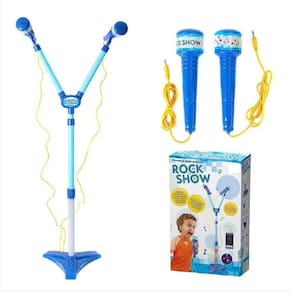 Microfone Infantil Duplo Pedestal Karaoke Rock Star Amplificador Musical Conecta Celular Mp3 Luz Azul