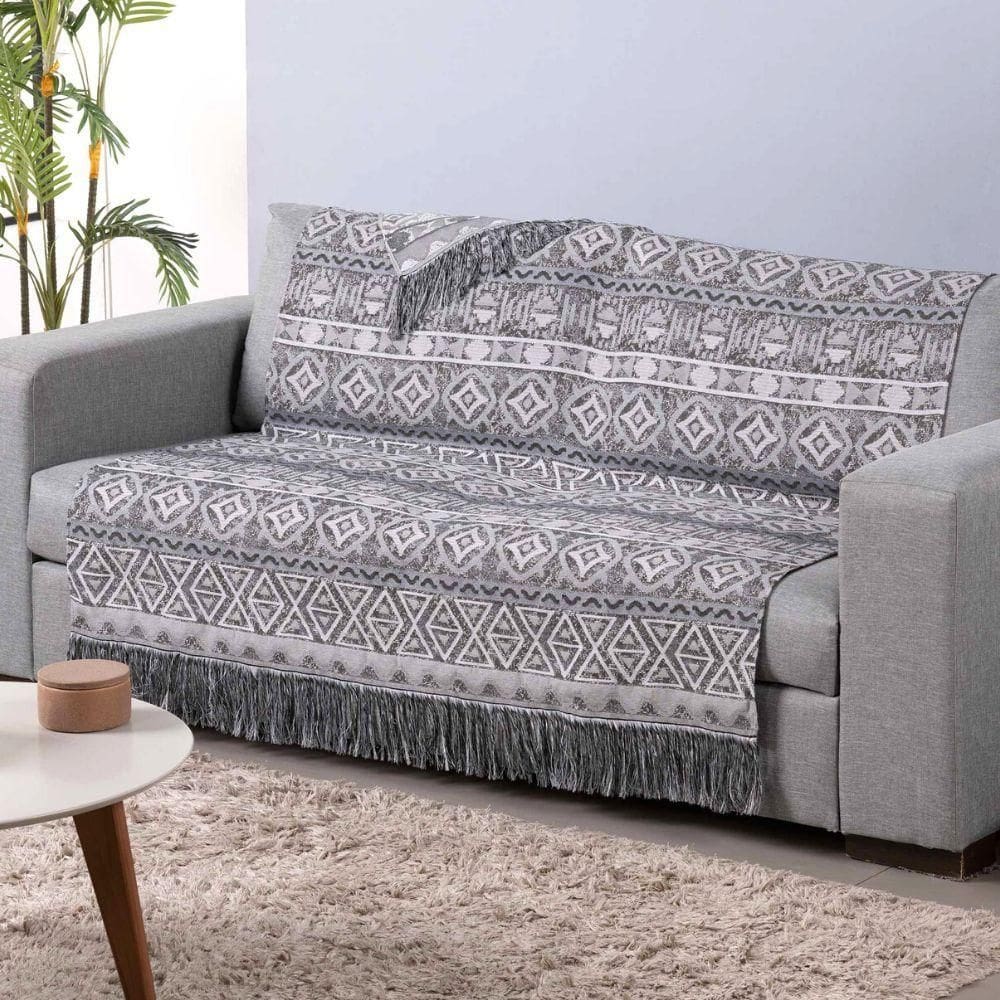 Xale Para Sofá Com Franja Luxor 1 Peça 2,10m X 1,35m 60% Algodão / 40% Poliéster Tecido Jacquard - Cinza Geométrico