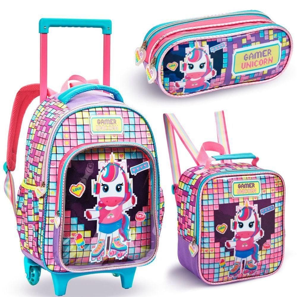 Kit Mochila Rodinhas Lancheira Estojo Escolar Unicornio Gamer